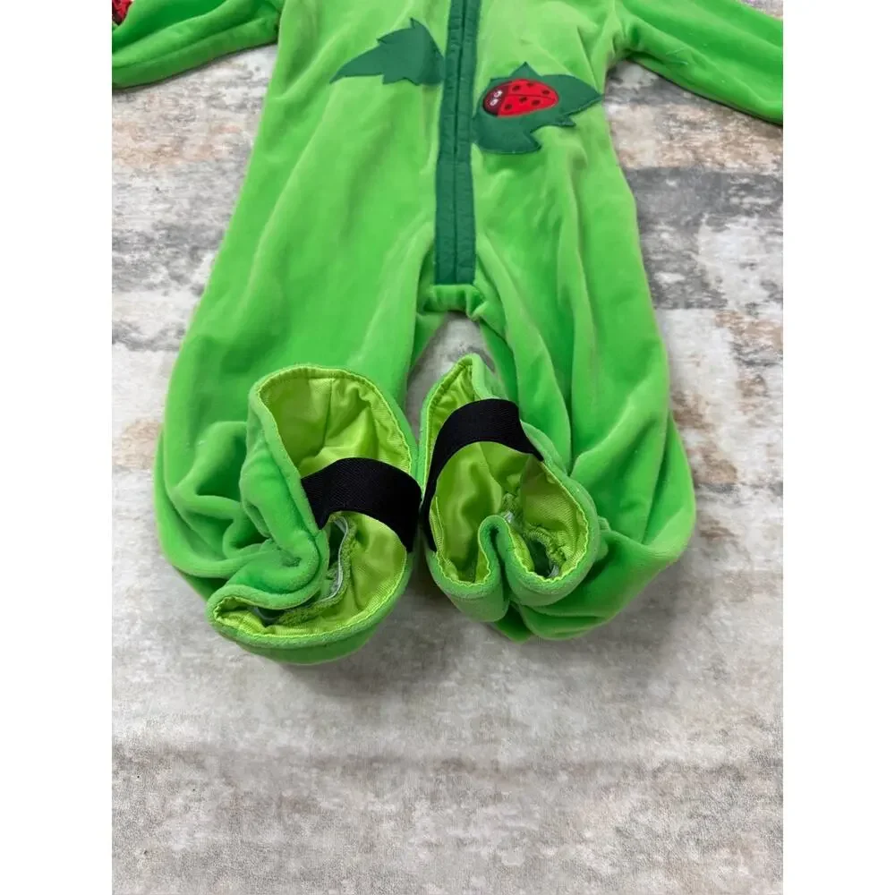 Y2K Green velour one-piece flower costume with padded daisy hood ladybug